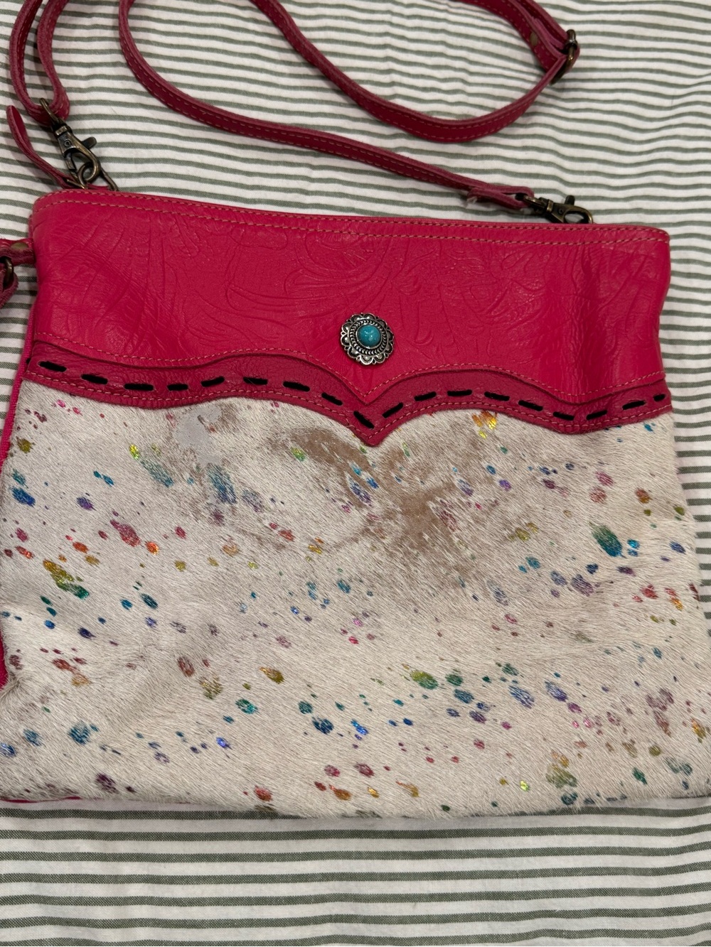 Myra Bag Pink Tooled Leather Cowhide Crossbody Rainbow Speckled